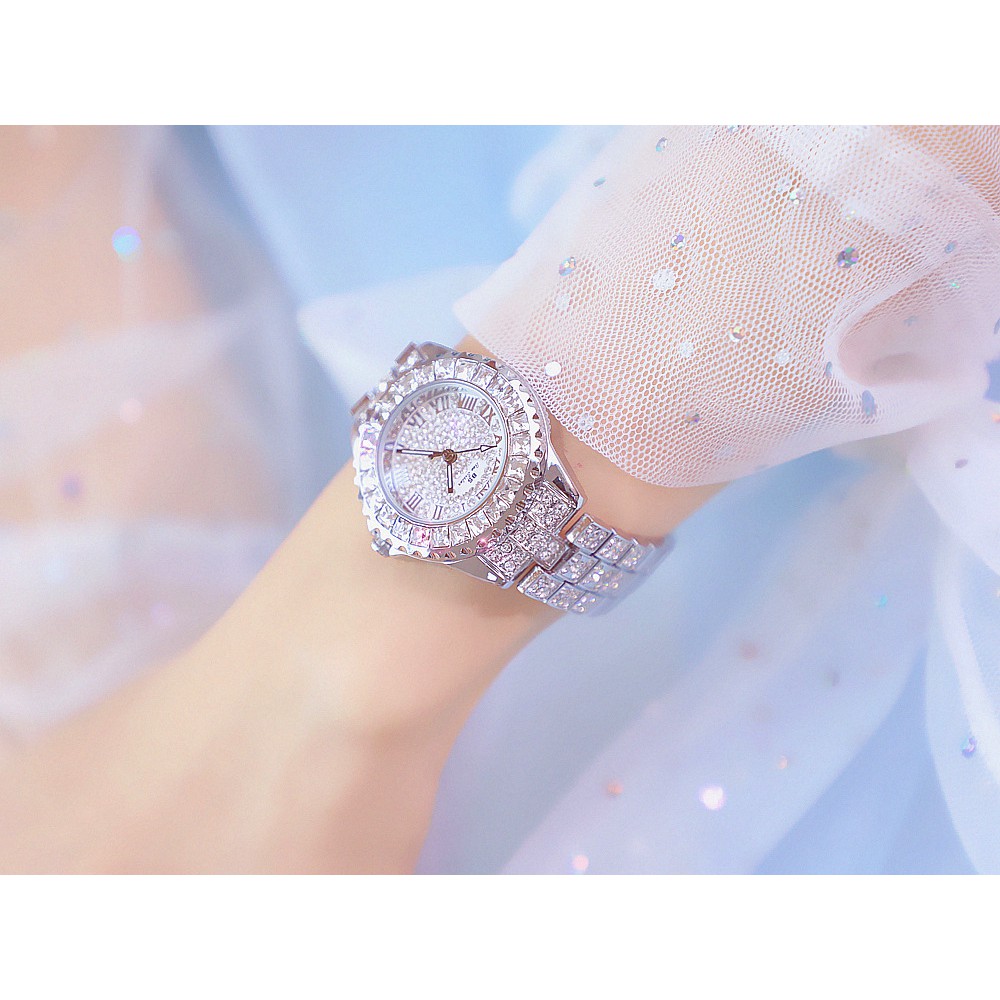 Đồng hồ nữ dây kim loại, đồng hồ đeo tay nữ đính kim cương nhân tạo BEE SISTER siêu sang, cao cấp, không thấm nước