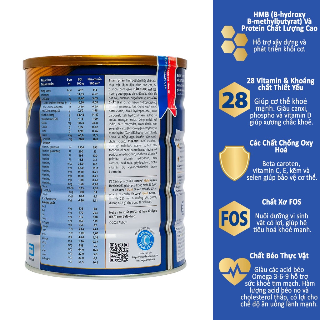 Sữa bột abbott Ensure gold HMB hương vani ít đường, lúa mạch, cà phê, hạnh nhân hộp 850g
