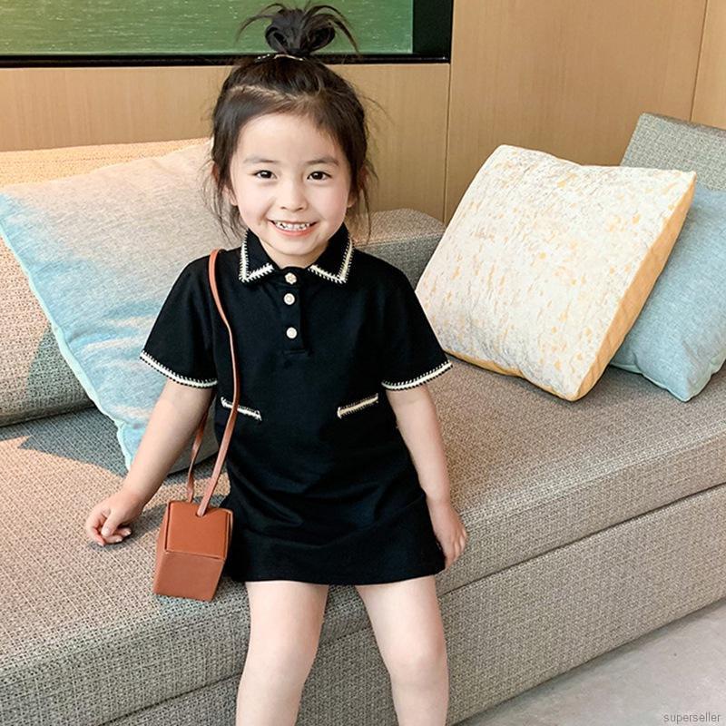 Đầm cổ bẻ tay ngắn phối màu tương phản phong cách hè thời trang Hàn Quốc cho bé gái