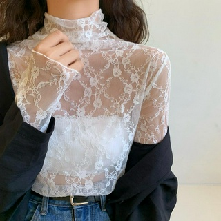 Kii wii áo sơ mi ren tay dài nhiều màu lưới cọc cổ áo sơ mi nữ pháp top