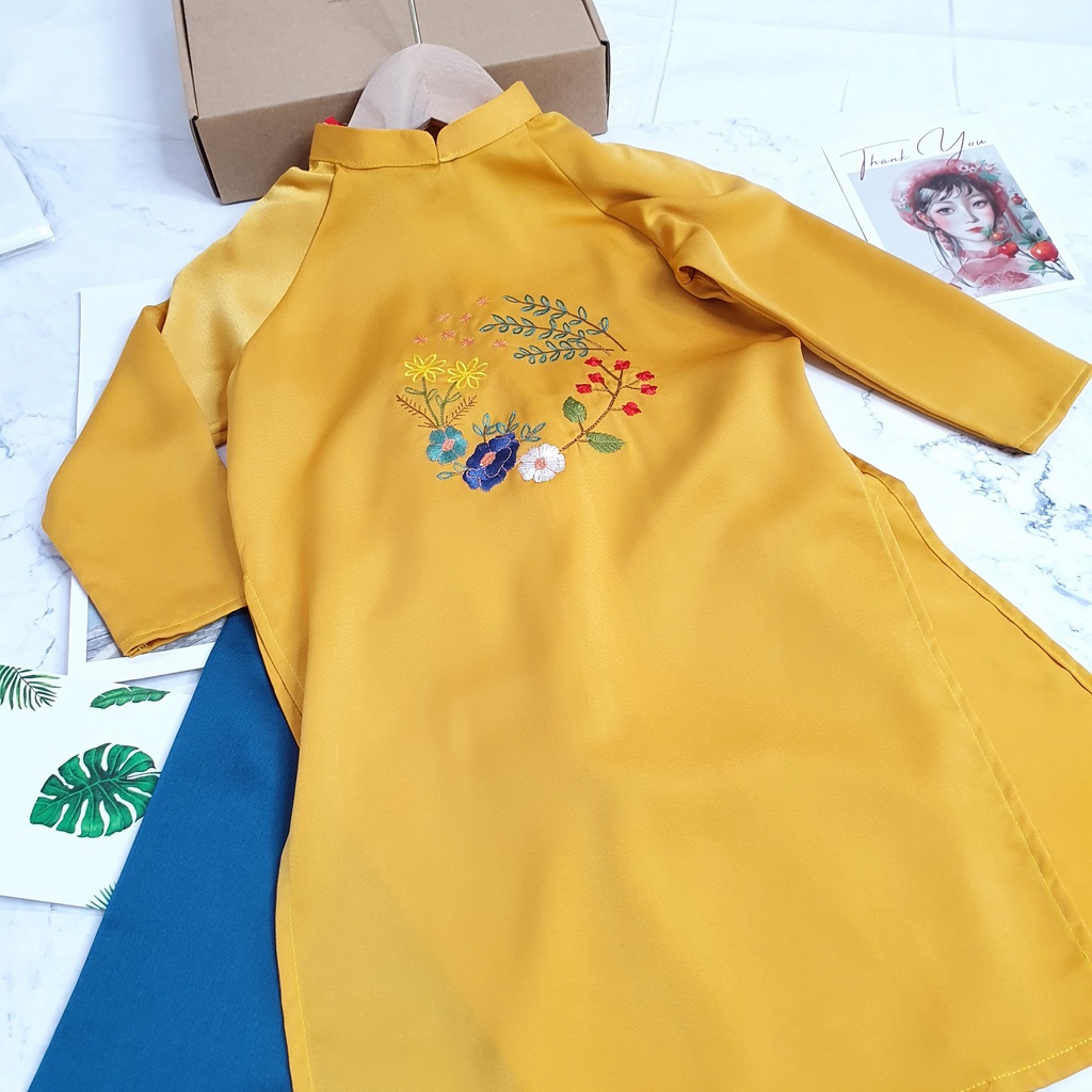 Áo Dài Cho Bé Gái Lụa Mát Lịm Thêu Hoa Điệp Phi Xanh