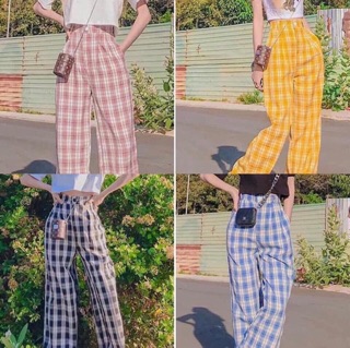 Quần ống rộng culottes kẻ caro suông dài
