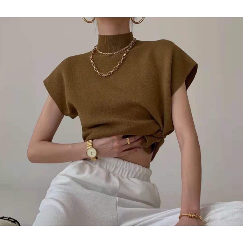 Áo len mịn chất mỏng vai hến tay ngắn, áo len cổ 3 phân mặc thu đông có thể mặc với áo blazer