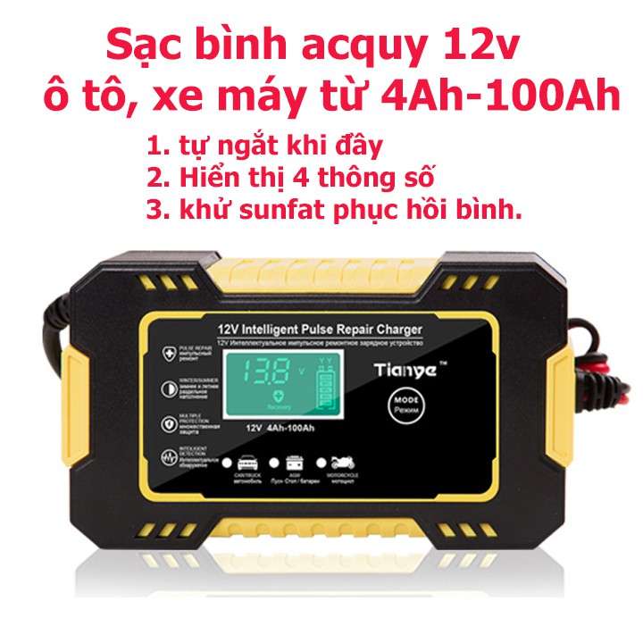 Sạc bình ắc quy 12V 6A TIANYE tự ngắt khi đầy chức năng bảo dưỡng phục hồi ắc quy bằng khử sunfat