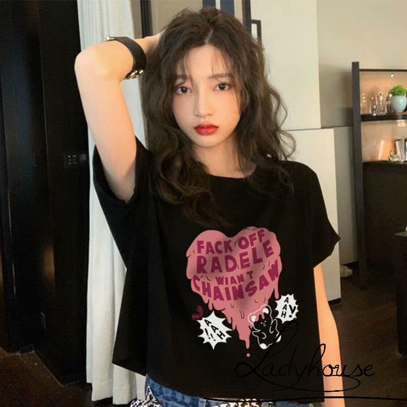 Áo Thun Nữ Ngắn Tay Cổ Tròn In Chữ Và Gấu Màu Trắng/Đen Thời Trang Mùa Hè