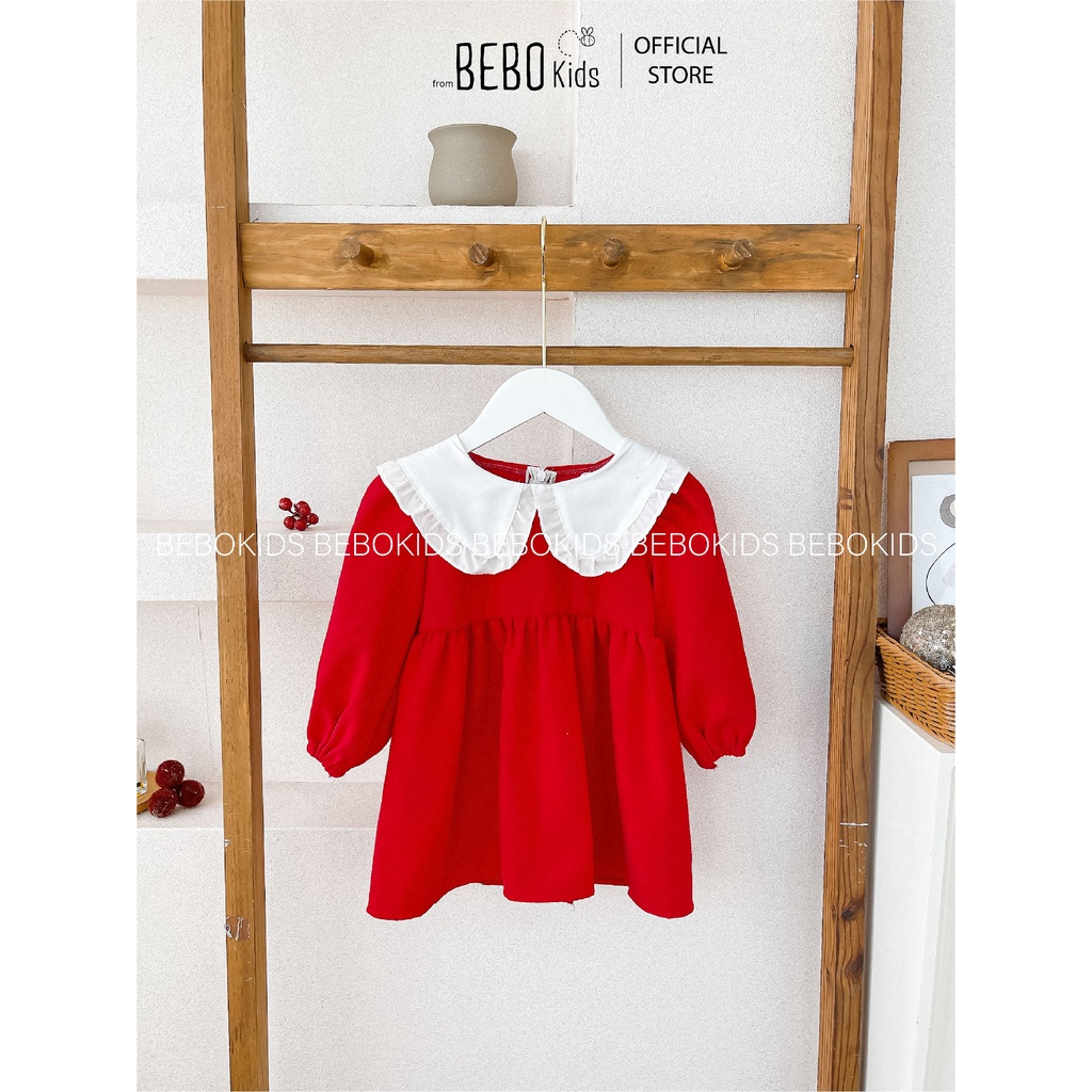 Váy đầm công chúa thiết kế cổ bèo nơ lưng mùa xuân siêu xinh xắn cho bé gái (10-28kg) nhung len đỏ A01