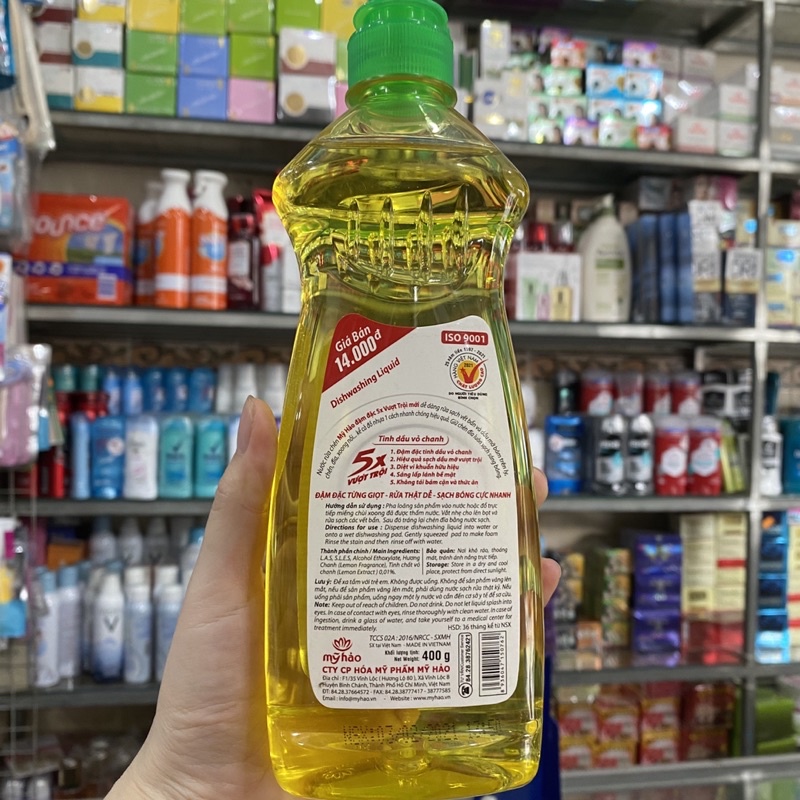 Nước rửa chén Mỹ Hảo 5X đậm đặc tinh dầu vỏ chanh chai 400g