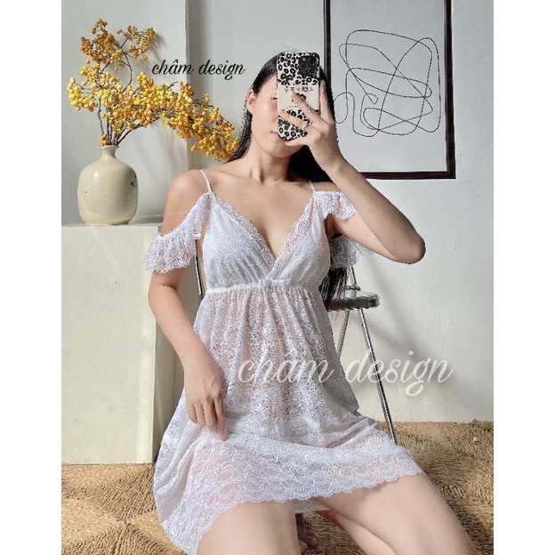 váy ngủ ren trắng tay rớt vai, siêu phẩm tiểu thư sang chảnh. Hàng thiết kế độc quyền.