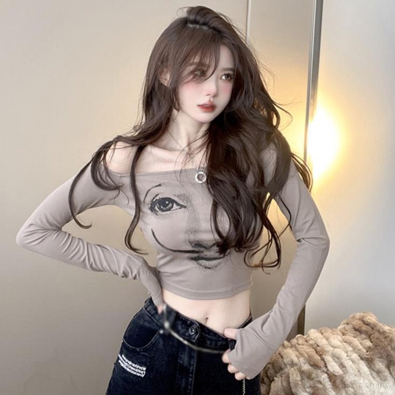 Áo Croptop Trễ Vai Tay Dài Hoạ Tiết Mặt Cười Phong Cách Hàn Quốc