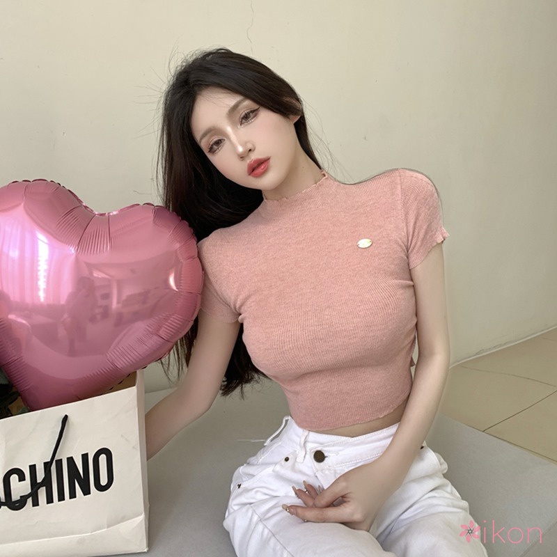 Áo Croptop Dệt Kim Màu Trơn Dáng Ôm Thời Trang Cho Nữ