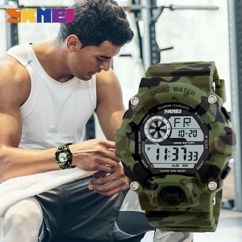 Đồng hồ kỹ thuật số SKMEI 1019 phong cách thể thao quân đội hiển thị lịch/báo thức có đèn LED cho nam