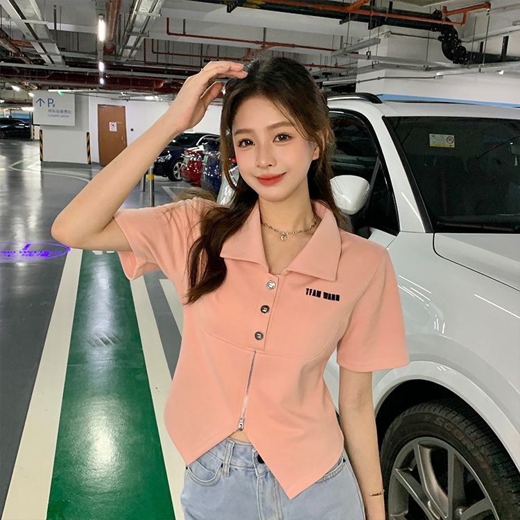 áo croptop polo ngắn tay áo sơ mi ôm dáng phối khóa kéo thiết kế mới ngọt ngào cho nữ