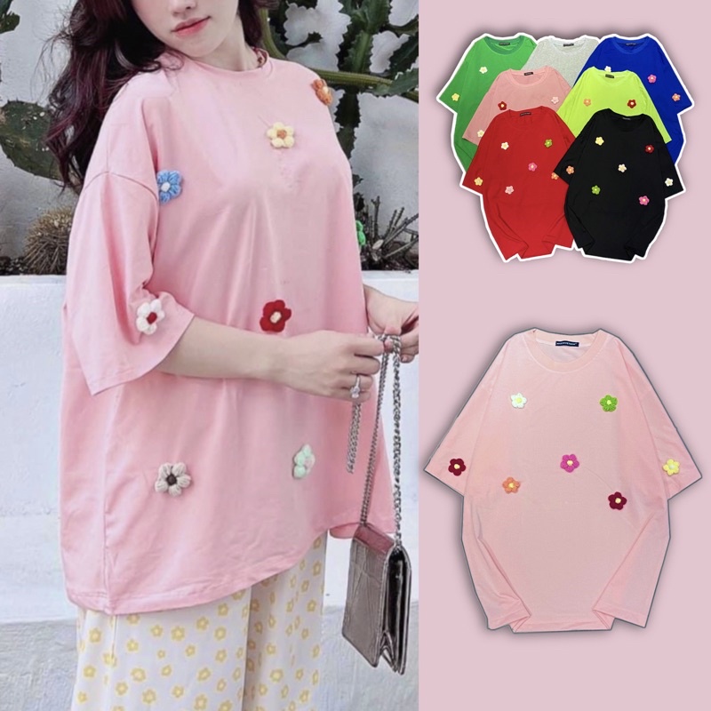 Áo thun tay lỡ form rộng đính hình hoa nổi trên áo siêu xinh có sẵn, đủ màu - clothing for girl