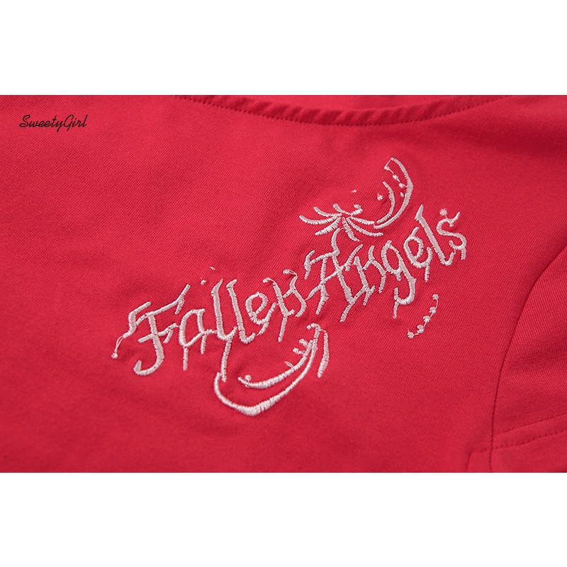 Áo Croptop Cổ Tròn Tay Ngắn Dáng Ôm Thêu Chữ Thời Trang Cho Nữ