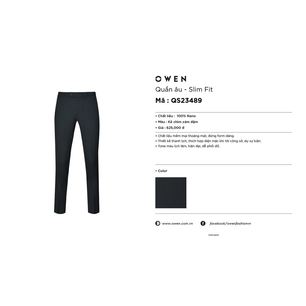 Quần Âu Nam Quần Tây Công Sở Cao Cấp Owen QS23489 Dài Chân Dáng Slim Fit Ống Ôm Màu Xám Đậm Kẻ Chìm Vải Nano Mềm Mại