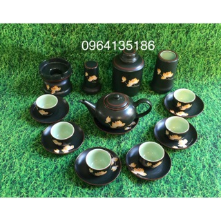 Bộ ấm chén khắc sen và phụ kiện gốm sứ Bát Tràng