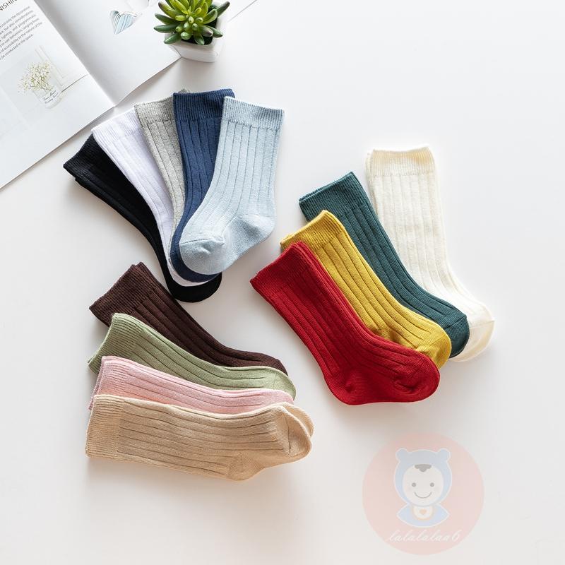 Laa6- Tất Dệt Kim Cao Đến Đầu Gối Không Đường May Màu Trơn Có Gân Dành Cho Bé Tập Đi