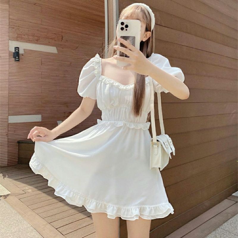 [Dress] Váy babydoll trắng ulzzang Hàn Quốc dáng xòe tay phồng lolita cổ áo vuông tim