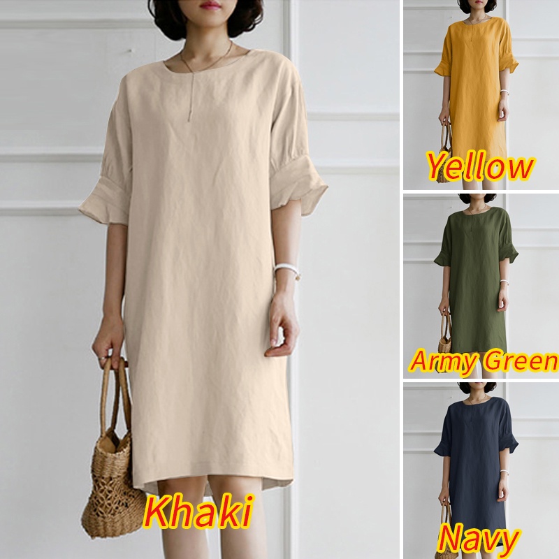 Zanzea Đầm Mini Tay Lửng Ống Loe Cổ Tròn Thời Trang Dành Cho Nữ