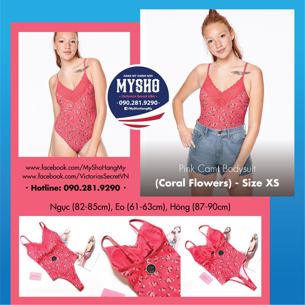 [Size XS] Bộ đồ Pink Cami Bodysuit (Coral Flowers) - Hàng chính hãng từ VS USA