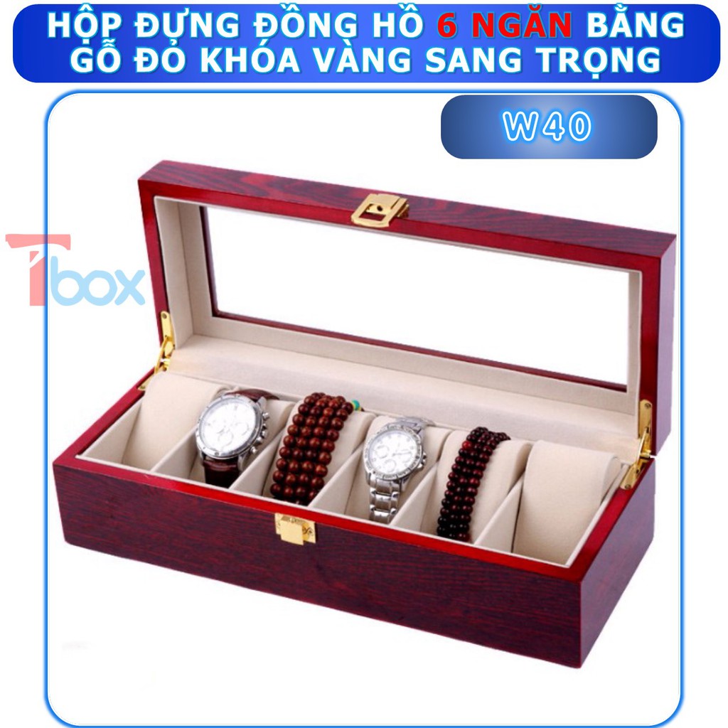 Hộp đựng Đồng hồ gỗ đỏ gồm 6 ngăn Hộp Đồng hồ nhiều ngăn vỏ gỗ cao cấp Khóa mạ vàng cao cấp