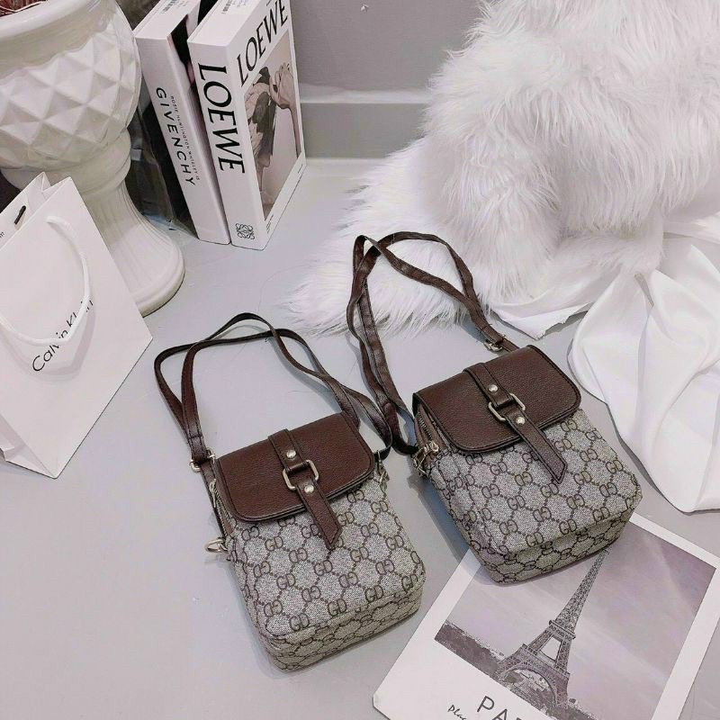 Túi Đeo Chéo Túi Đựng Điện Thoại Dáng Đứng 2 Khoá Chữ Nâu Siêu Xinh