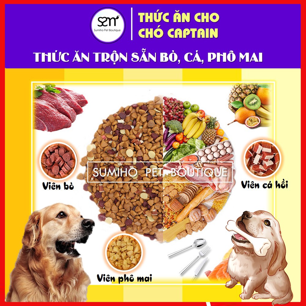 Hạt thức ăn cho chó Captain (500g) trộn lẫn thịt bò, phô mai, cá hồi, rau củ