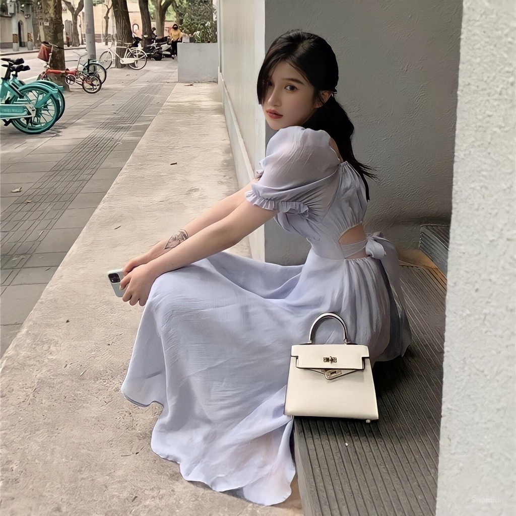 (V93) ĐẦM VOAN TƠ TAY BỒNG DÁNG DÀI KHOÉT LƯNG