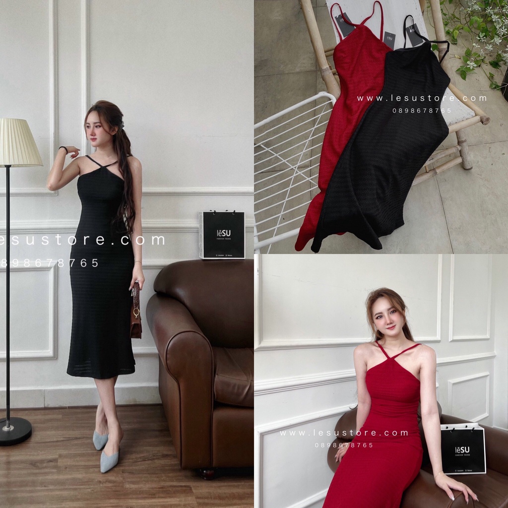 ẢNH TỰ CHỤP Đầm body gân nổi 2 dây cổ yếm