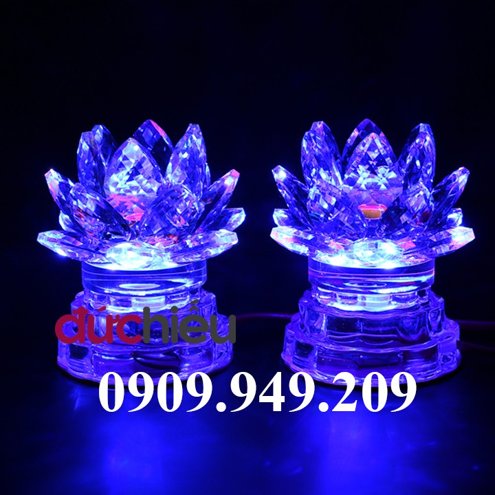Bộ 2 đèn hoa sen pha lê thủy tinh đổi 7 màu 7 chế độ, đèn thờ cúng để bàn thờ