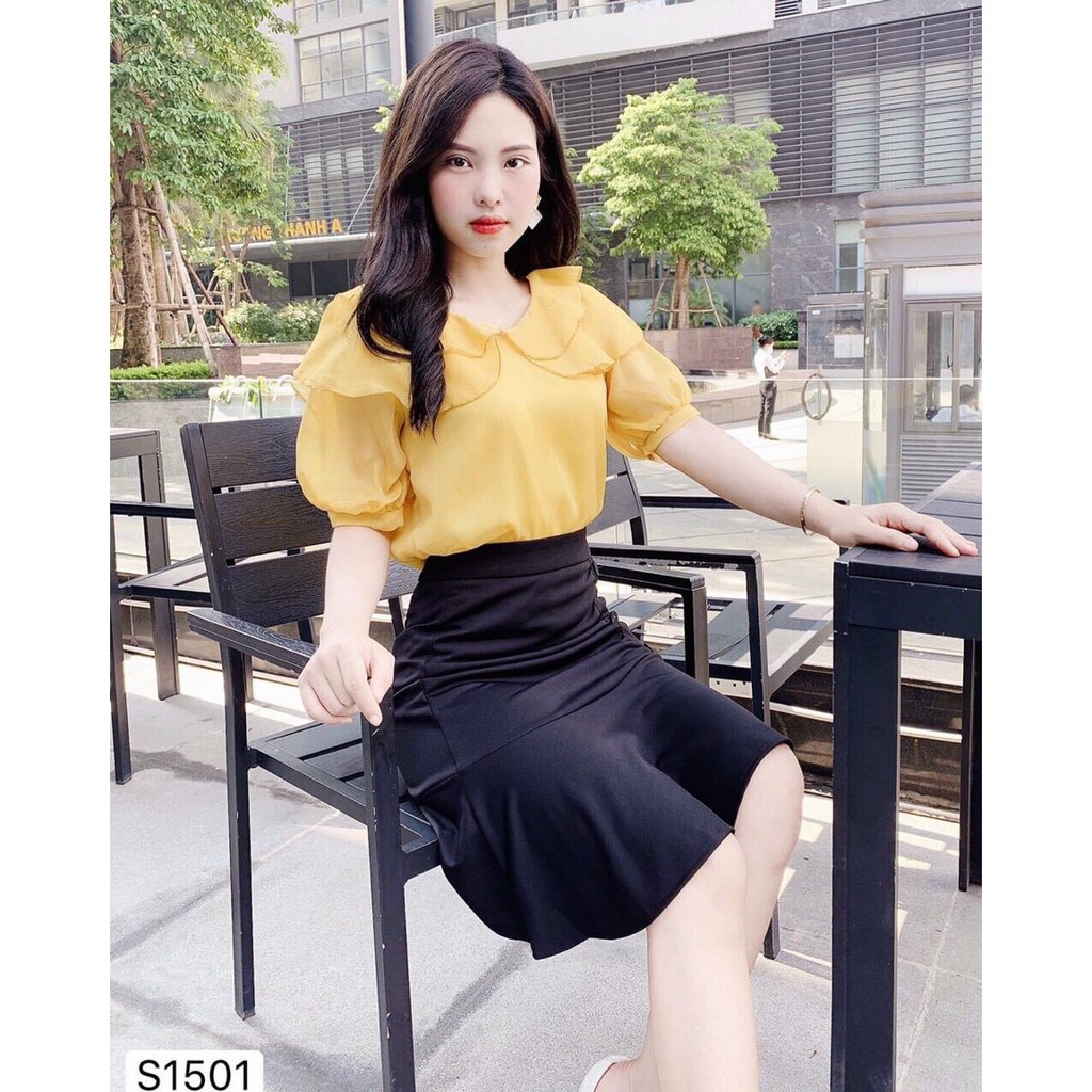 Set Áo Lụa Cổ Bèo Tay Lỡ Và Chân Váy Đuôi Cá