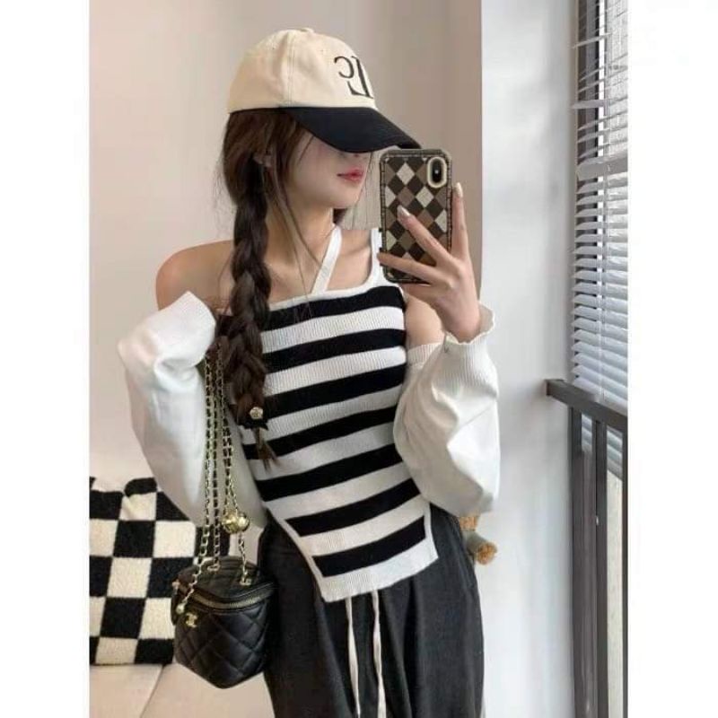 Sét áo len kẻ lệch vai mix áo khoác mỏng hàng QC