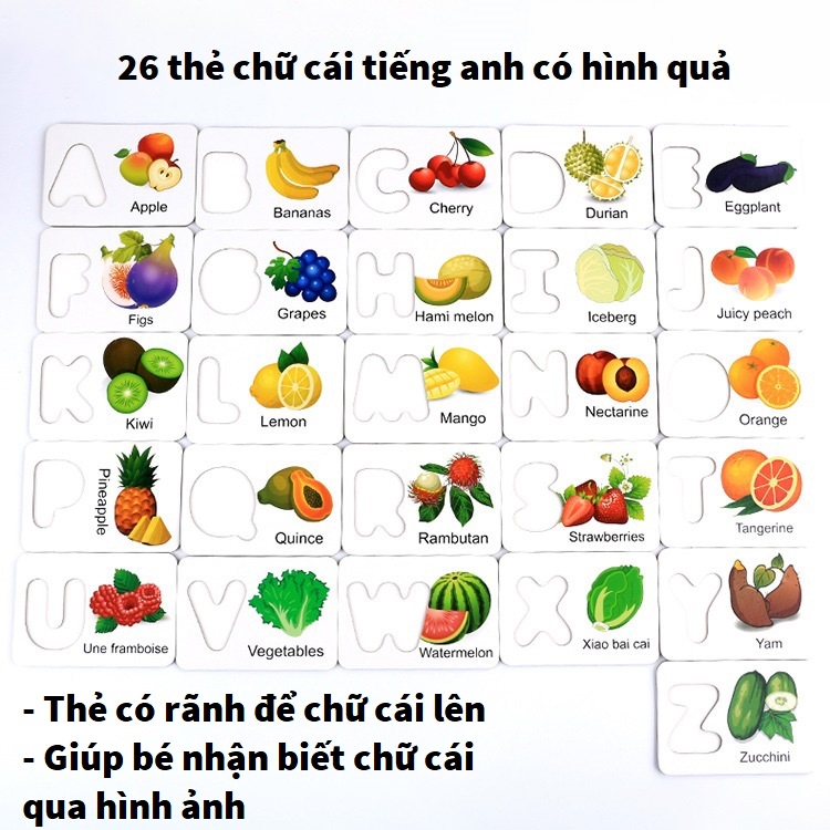Bộ thẻ flashcards tiếng anh 26 thẻ + 26 chữ cái KB216007, thẻ flashcard tiếng anh giúp học tiếng anh qua hình ảnh cho bé