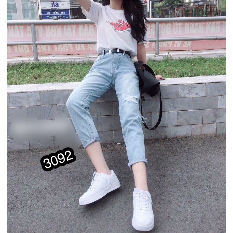Quần Jeans Nữ Phối Rách Cao Cấp OHS3092