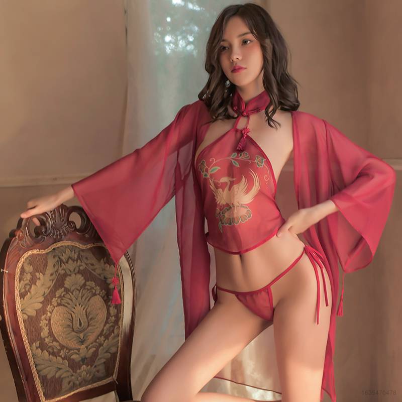 Bộ đồ lót ren lưới thêu họa tiết phượng hoàng quyến rũ cho nữ