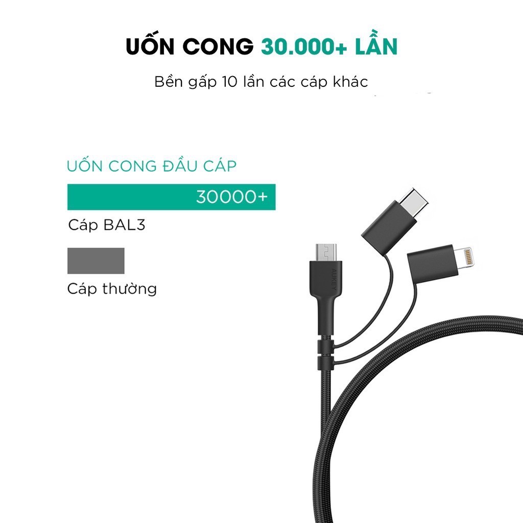 Cáp sạc nhanh bện Nylon đa năng 3 in 1 AUKEY CB-BAL5 chuẩn MFi (cổng Lightning &  USB-C, truyền data 480 Mbps) dài 1.2m