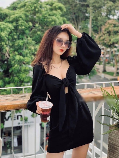 Đầm tay phồng xoắn nơ ngực - Han Dress