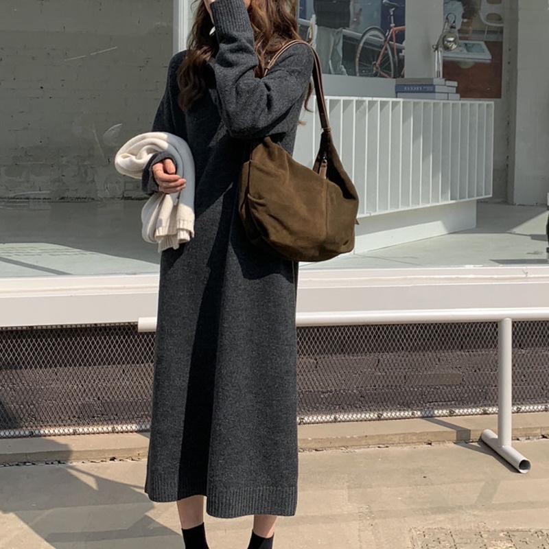 Đầm Sweater Dệt Kim Tay Dài Dày Dặn Ấm Áp Thời Trang