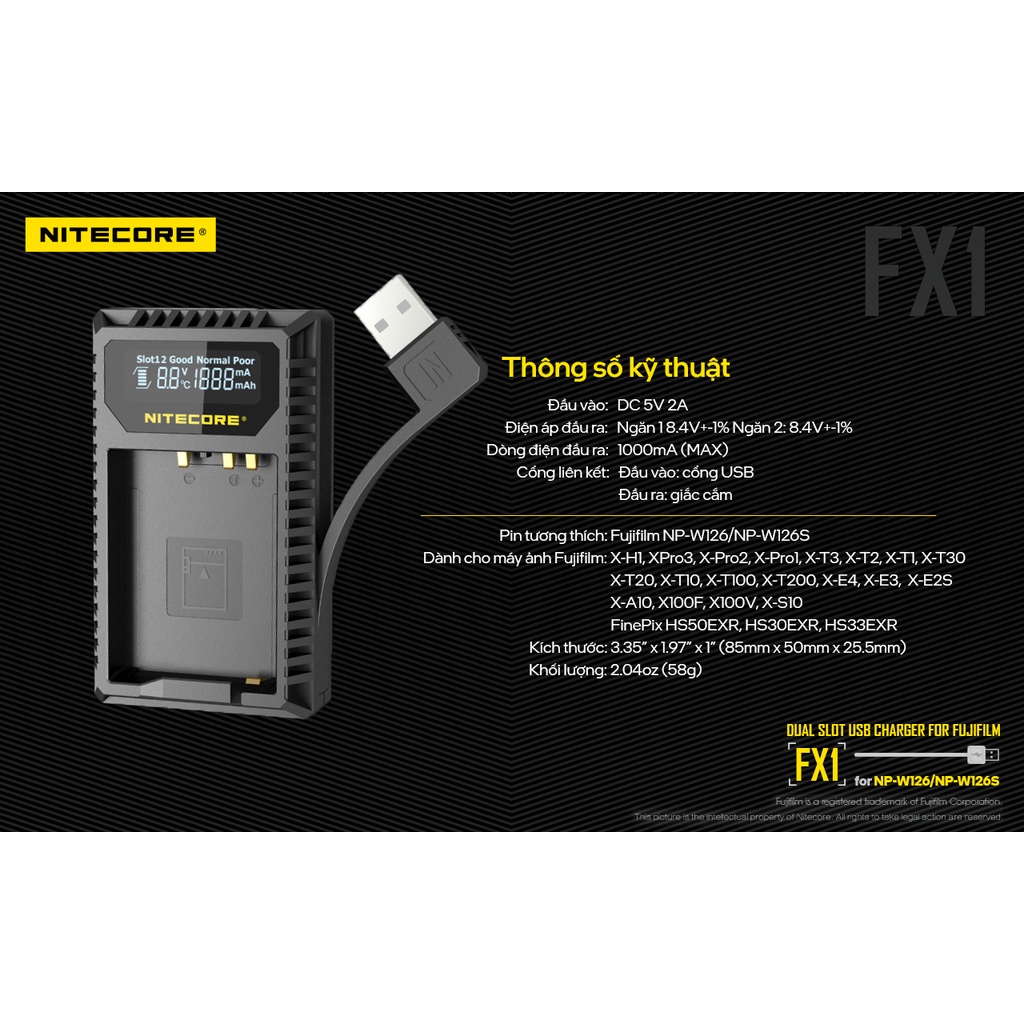 Sạc pin – FX1 – Nitecore – Bộ sạc USB đôi chuyên dụng cho pin Fujifilm NP-W126/NP-W126S