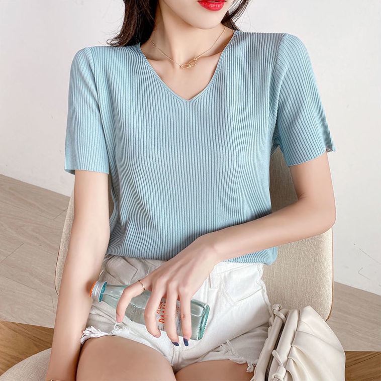 Fashion large size v-neck ice silk sweater bottoming shirt women's short-sleeved T-shirt thin tops