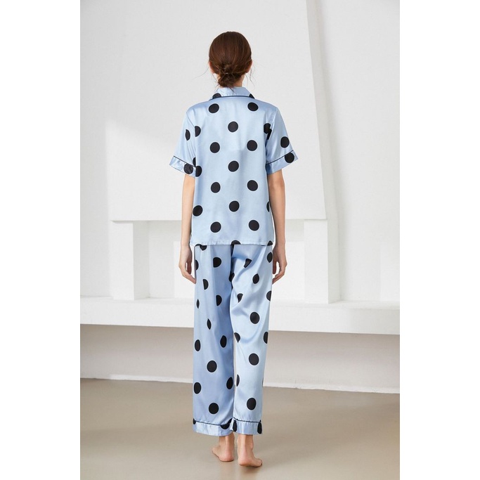Bộ Đồ Ngủ Vải Satin Ngắn Tay In Họa Tiết Chấm Bi Thời Trang Cho Nữ