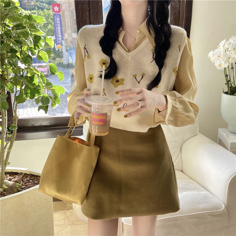 Bộ đồ hai món gồm áo sơ mi tay dài + áo gile dệt kim thời trang cho nữ (có bán lẻ)