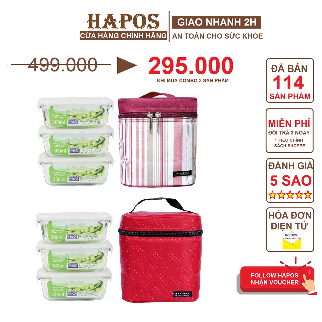 Bộ hộp đựng cơm thủy tinh Lock&Lock có túi LLG422 (3 Hộp 380ml) - HAPOS Phân Phối