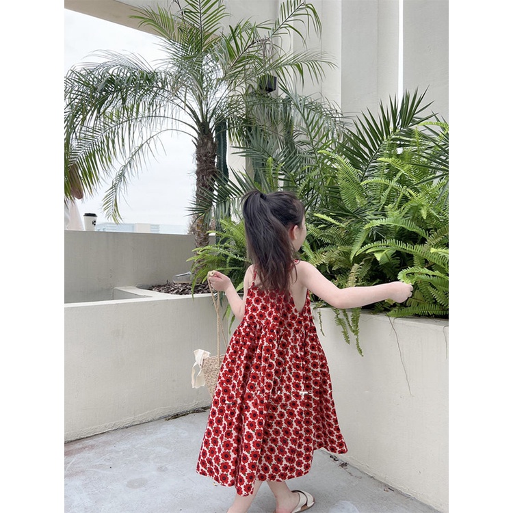 Đầm Mùa Hè Tay Cộc In Họa Tiết Hoa Đỏ Phong Cách Hàn Quốc Hợp Thời Trang Cho Bé Gái 5 Tuổi