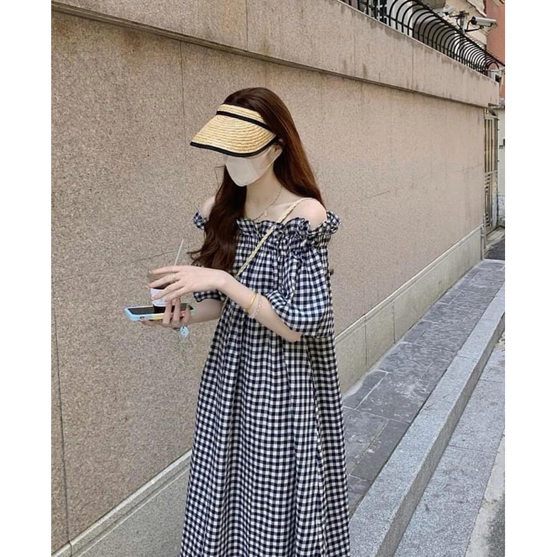 Váy nữ kẻ suông dáng dài Vintage - Đầm xuông dáng dài trễ vai Ngọc Uyên Store