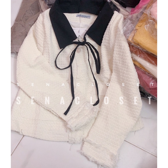 Áo dạ tweed cổ nơ tiểu thư có thể tháo rời