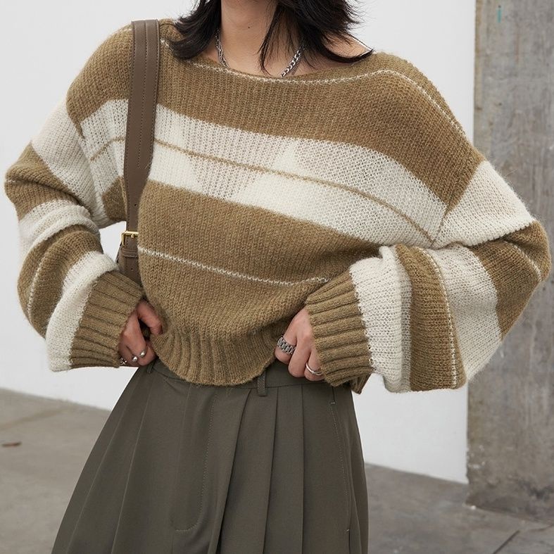 Áo Sweater Dệt Kim Tay Dài Dáng Rộng Cổ Đứng Kẻ Sọc Kiểu Hàn Quốc Thời Trang Xuân Thu Cho Nữ