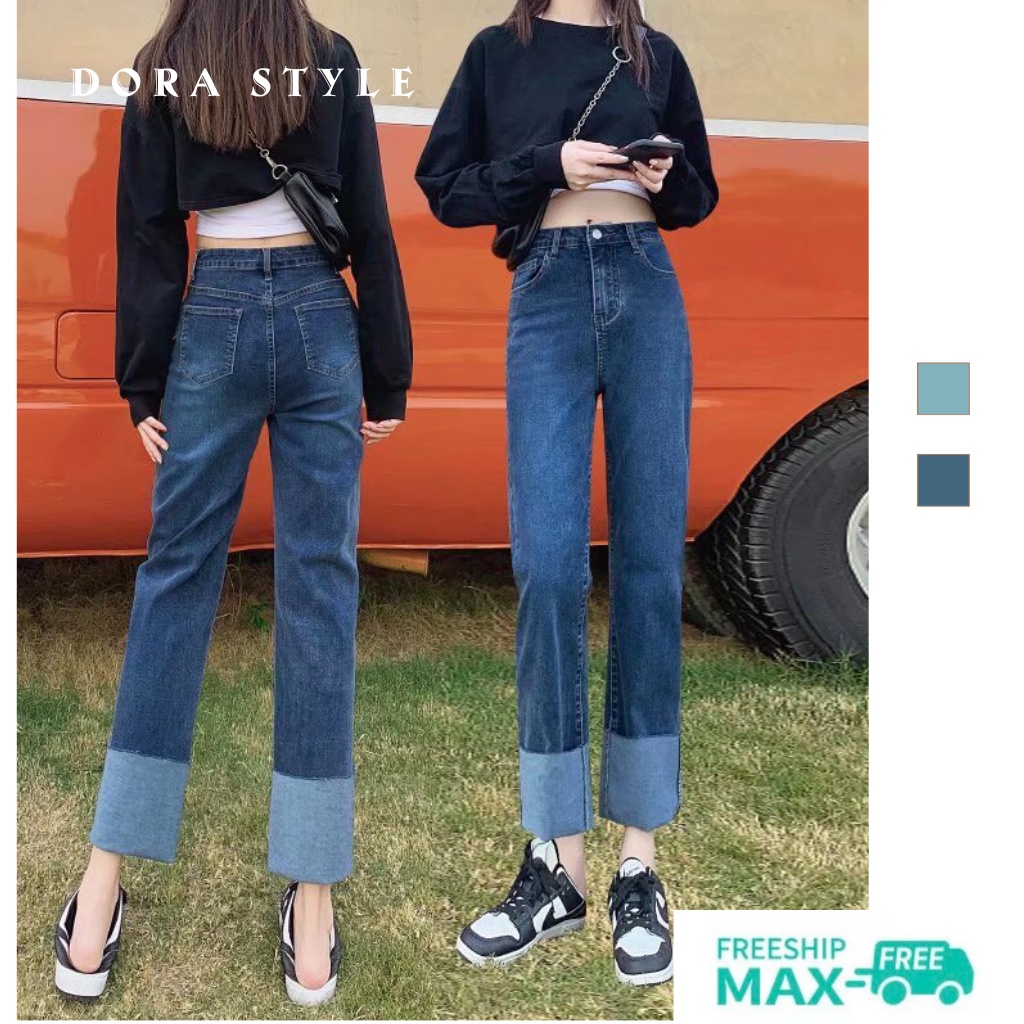 Quần Jean Ống Đứng gấp gấu Dora Style