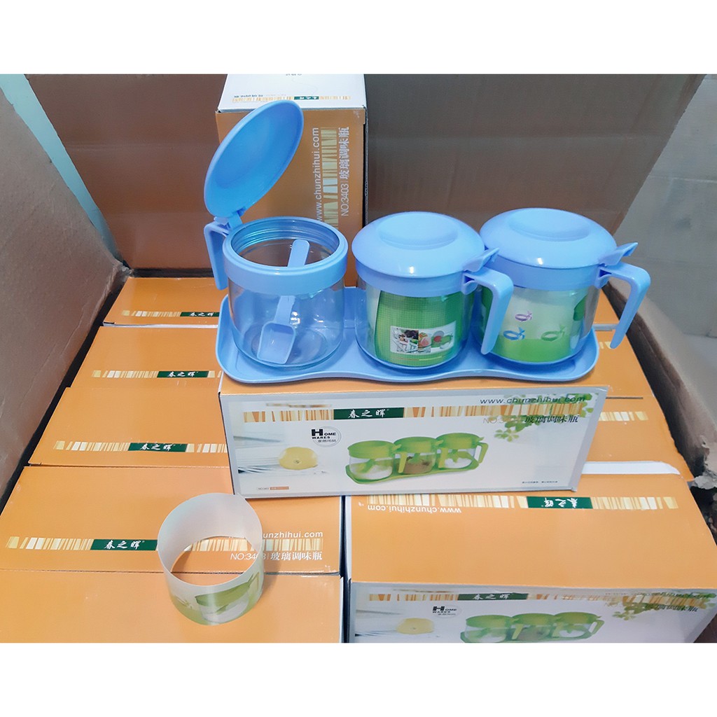 Bộ 3 hủ đựng gia vị thủy tinh có khay đựng, muỗng | BigBuy360 - bigbuy360.vn