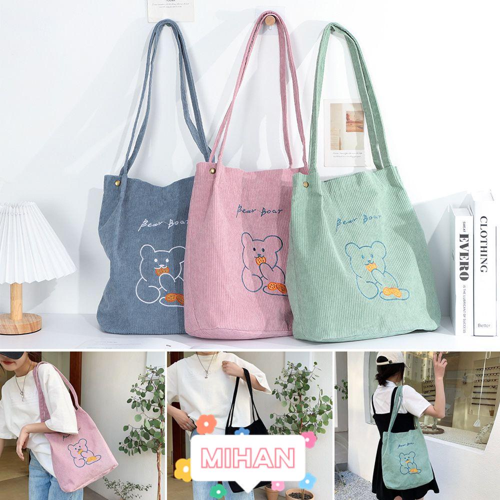 Túi Xách Tote Đeo Vai Vải Nhung Kẻ Hình Gấu Kawaii Nhiều Màu Sắc
